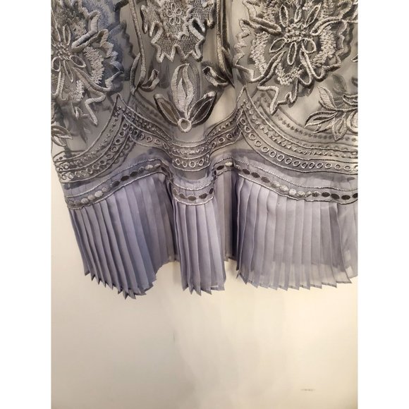 Zaful Gray Floral Embroidered Sheer Mesh Dress Pleated Hem Short Sleeve Small - Picture 5 of 7